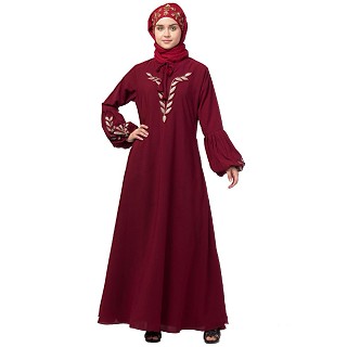 Embroidery abaya with balloon sleeves- Maroon
